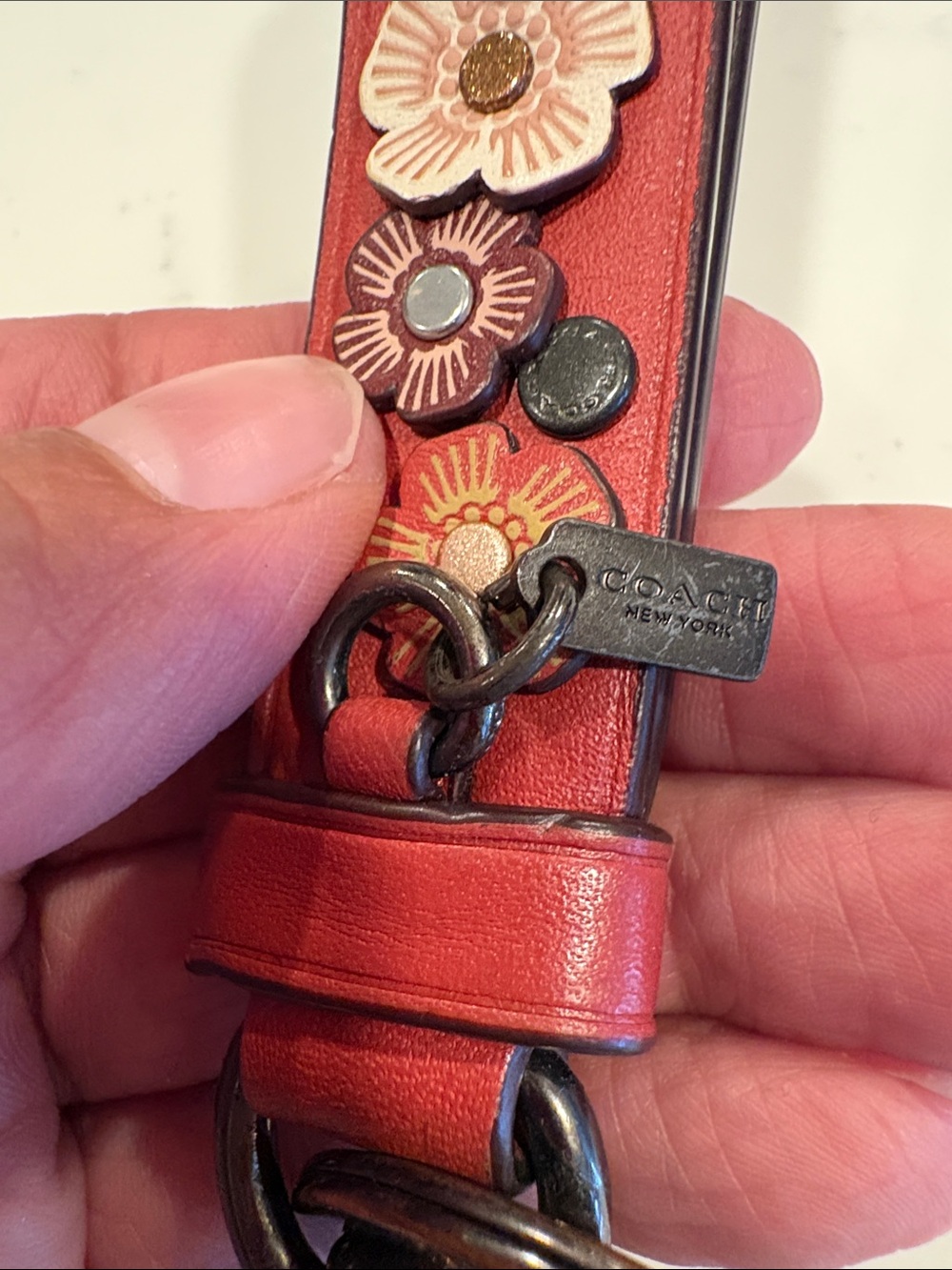 Coach Red Leather Floral Appliqué Key Fob - Picture 8 of 9